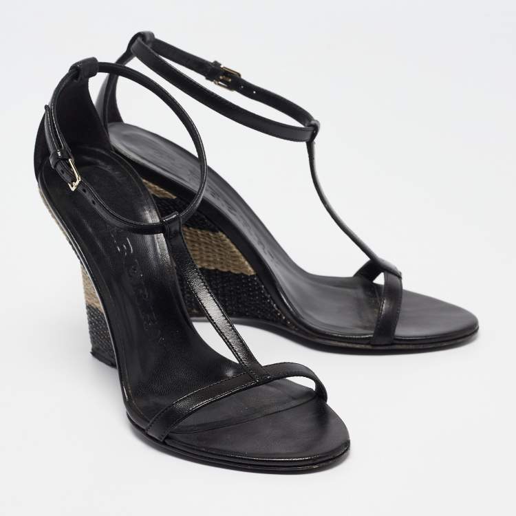 Pre Owned Burberry Black Leather Wedge Sandals Size 37