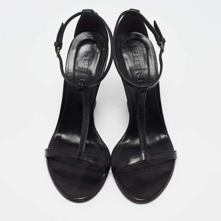 Pre Owned Burberry Black Leather Wedge Sandals Size 37