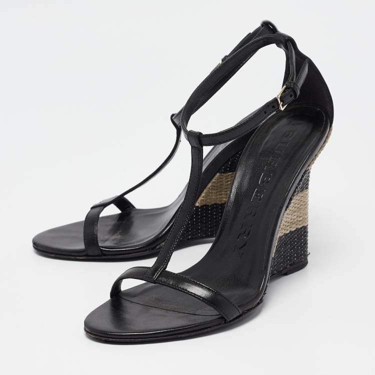 Pre Owned Burberry Black Leather Wedge Sandals Size 37