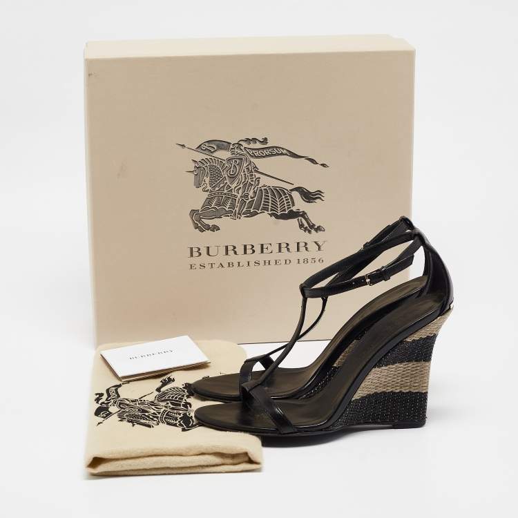 Pre Owned Burberry Black Leather Wedge Sandals Size 37