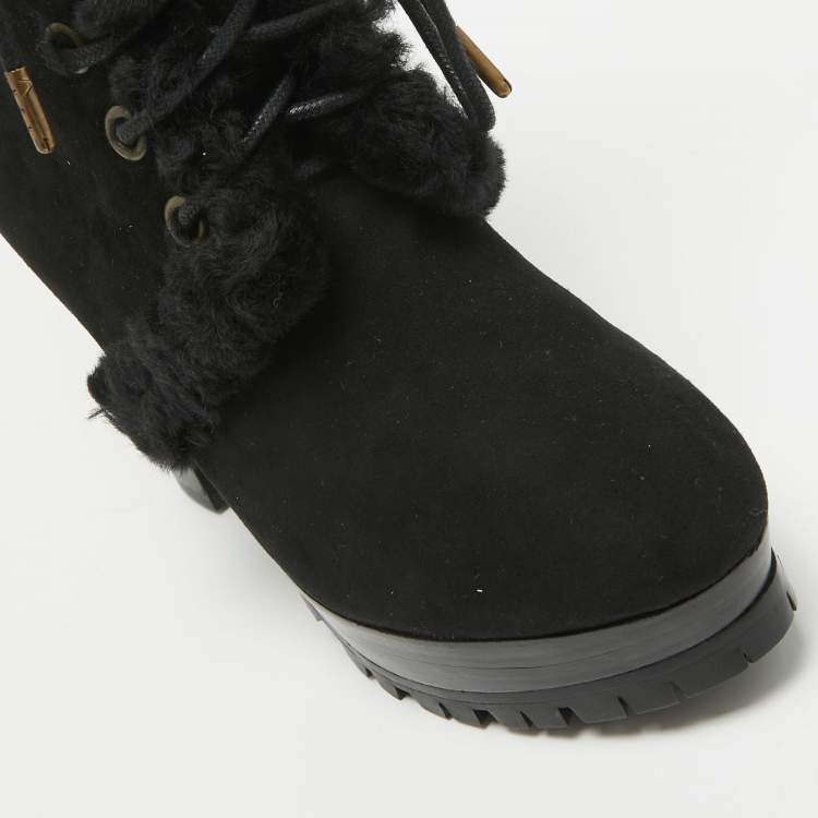Pre Owned Burberry Black Suede and Fur Ankle Length Boots Size 36