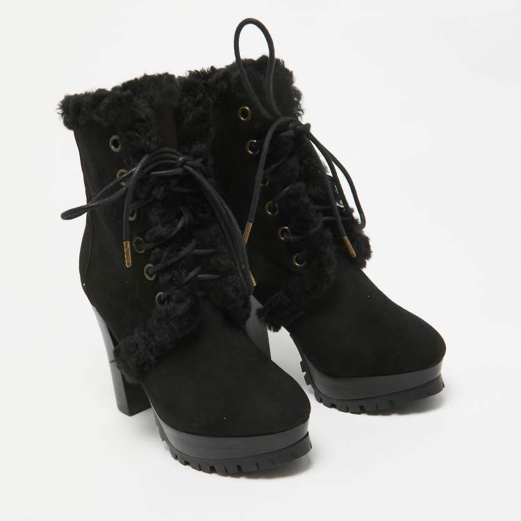 Pre Owned Burberry Black Suede and Fur Ankle Length Boots Size 36
