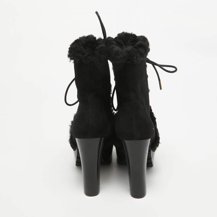 Pre Owned Burberry Black Suede and Fur Ankle Length Boots Size 36
