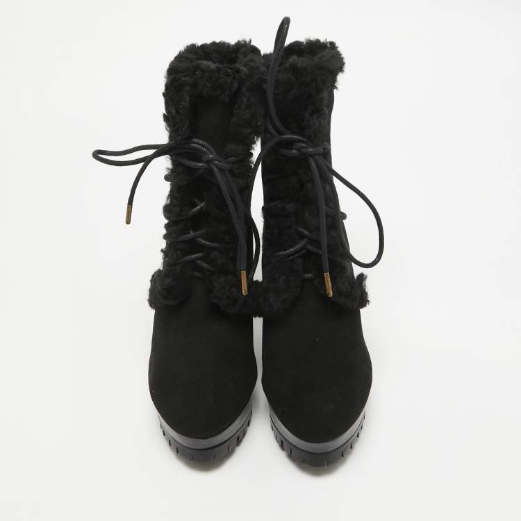 Pre Owned Burberry Black Suede and Fur Ankle Length Boots Size 36