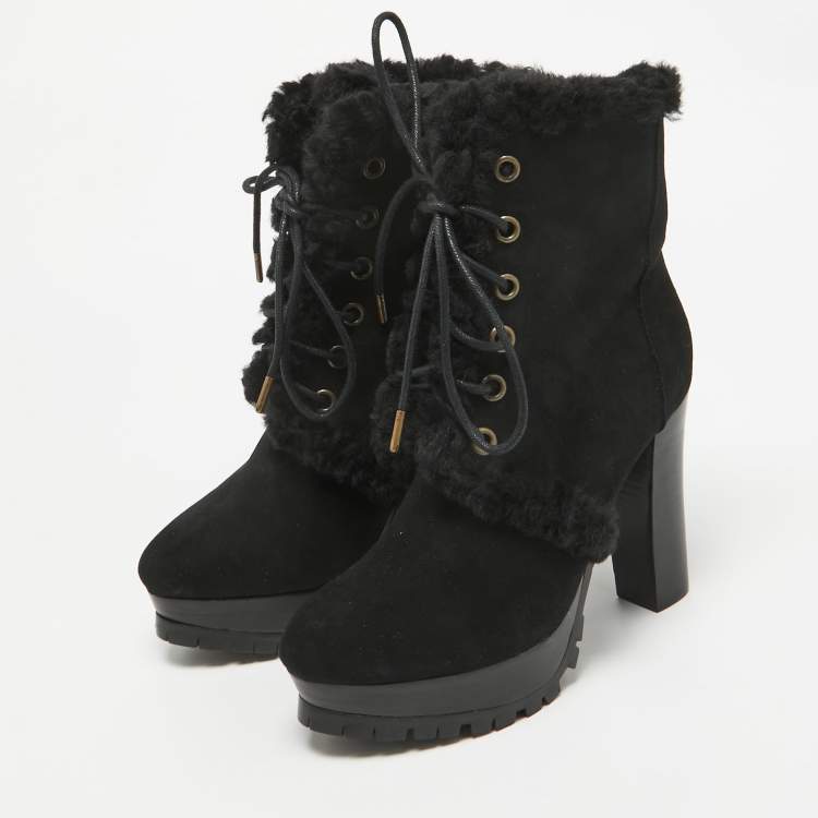 Pre Owned Burberry Black Suede and Fur Ankle Length Boots Size 36
