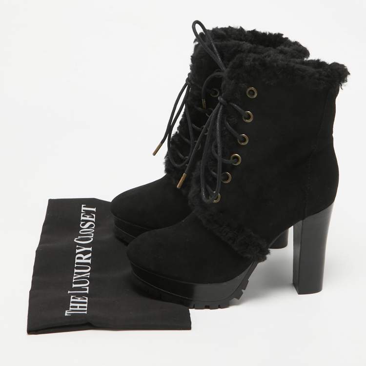 Pre Owned Burberry Black Suede and Fur Ankle Length Boots Size 36