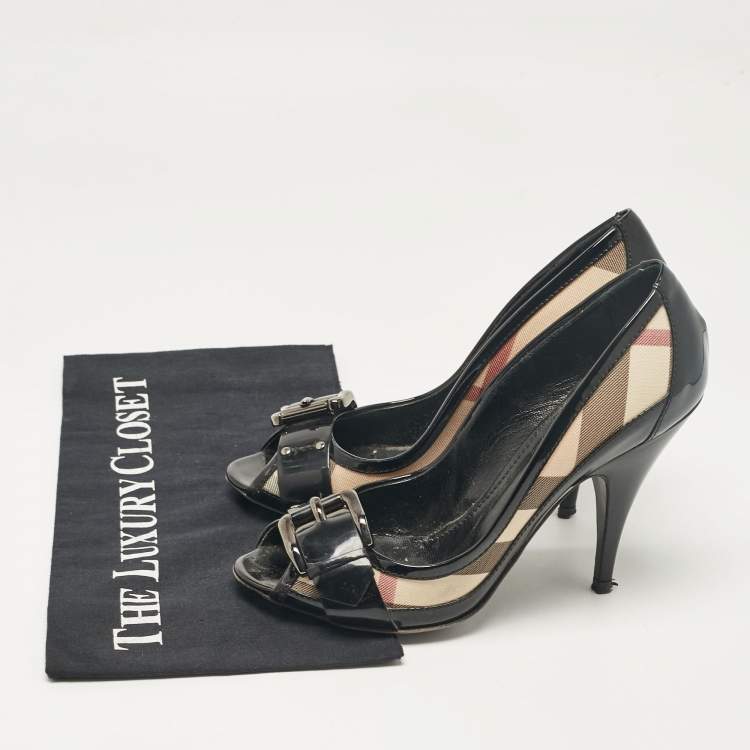 Pre Owned Burberry Beige Patent Leather and Canvas Peep Toe Pumps Size 38