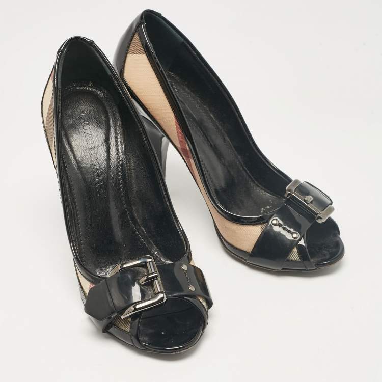 Pre Owned Burberry Beige Patent Leather and Canvas Peep Toe Pumps Size 38