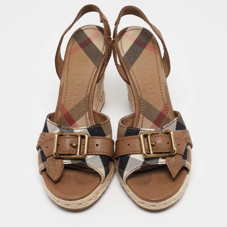 Pre Owned Burberry Brown/Beige Nova Check Canvas and Leather Espadrille Wedge Sandals Size 38