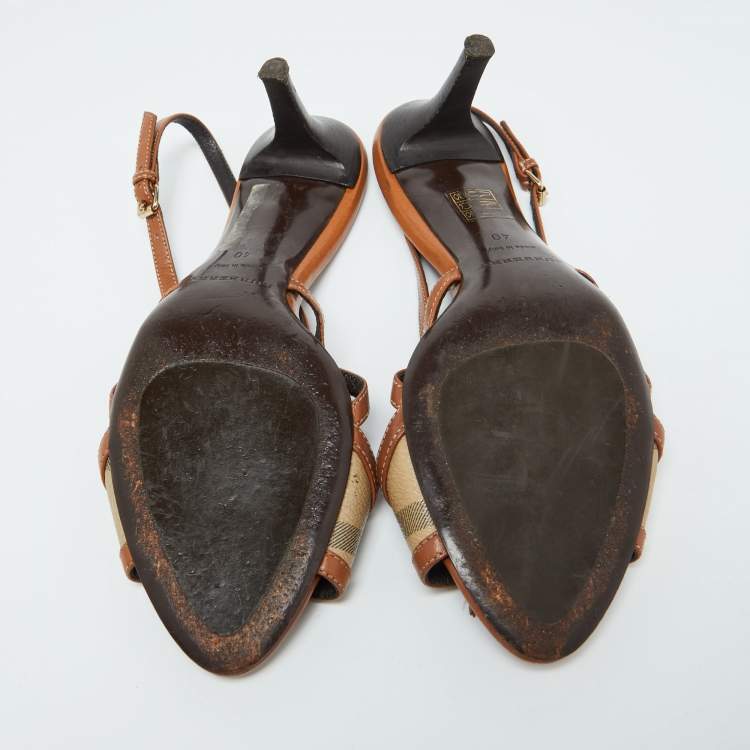Pre Owned Burberry Brown Nova Check Coated Canvas and Leather Slingback Sandals Size 40