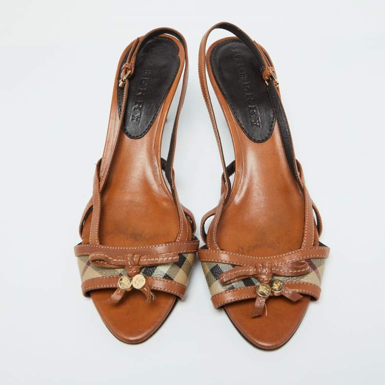 Pre Owned Burberry Brown Nova Check Coated Canvas and Leather Slingback Sandals Size 40