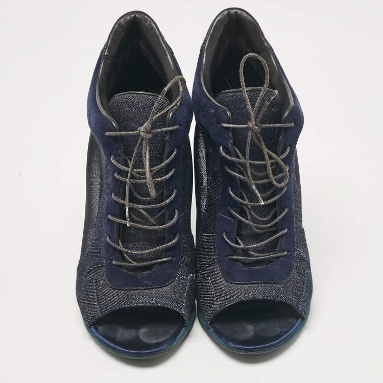 Pre Owned Burberry Navy Blue Denim and Suede Open Toe Booties Size 38