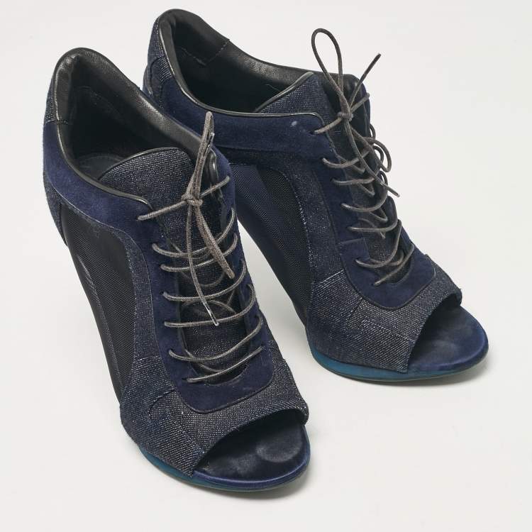 Pre Owned Burberry Navy Blue Denim and Suede Open Toe Booties Size 38