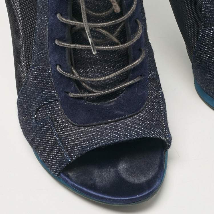 Pre Owned Burberry Navy Blue Denim and Suede Open Toe Booties Size 38