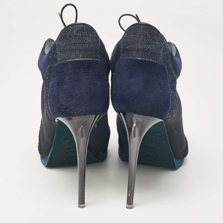 Pre Owned Burberry Navy Blue Denim and Suede Open Toe Booties Size 38