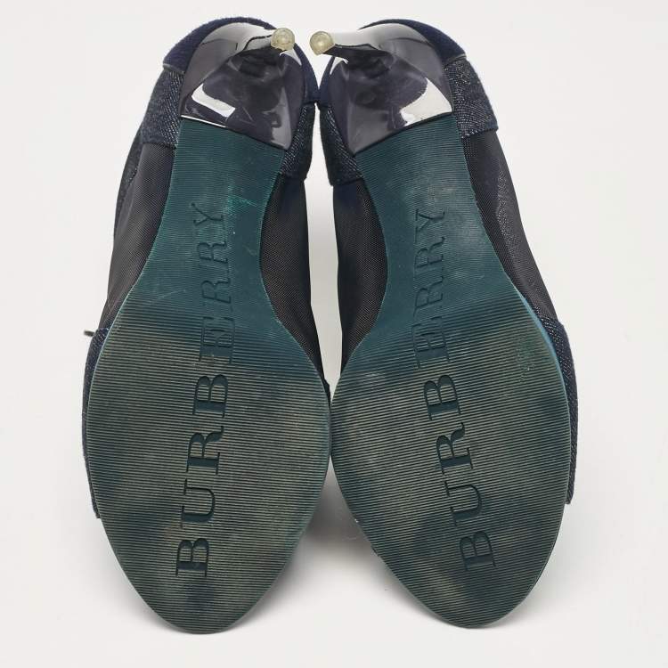 Pre Owned Burberry Navy Blue Denim and Suede Open Toe Booties Size 38
