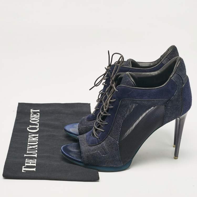 Pre Owned Burberry Navy Blue Denim and Suede Open Toe Booties Size 38