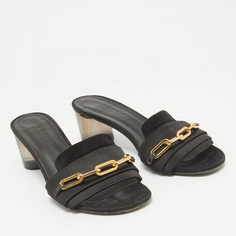 Pre Owned Burberry Black Satin Slide Block Heel Sandals Size 39
