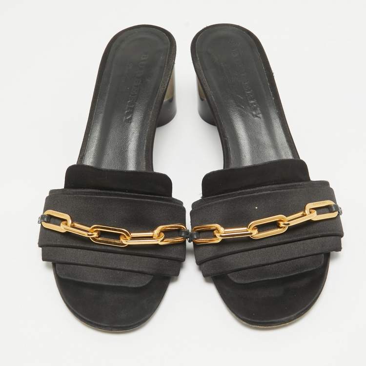 Pre Owned Burberry Black Satin Slide Block Heel Sandals Size 39