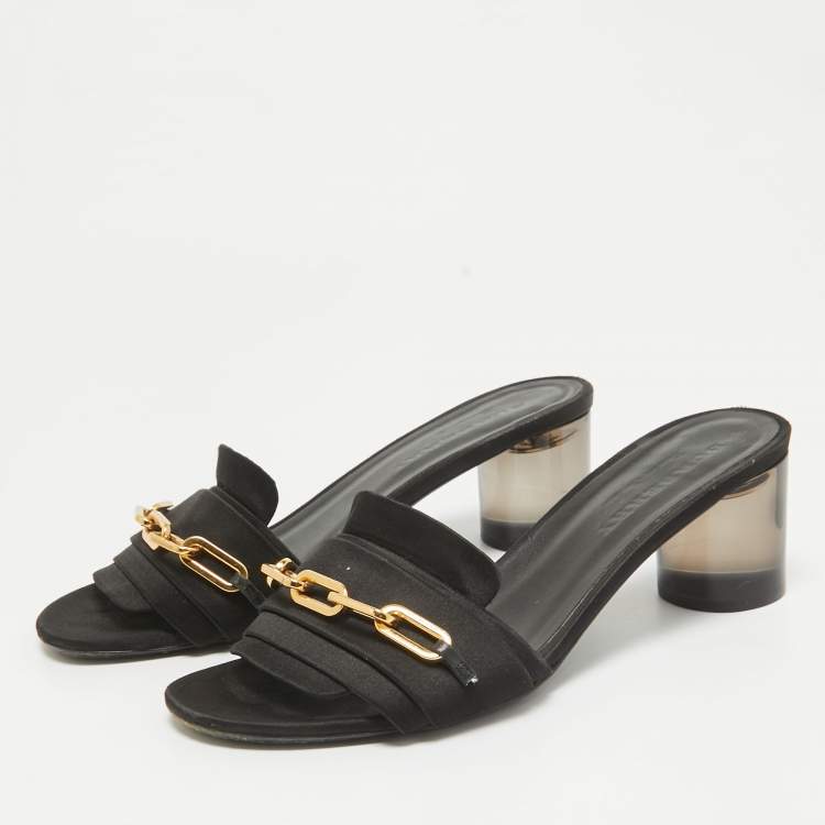 Pre Owned Burberry Black Satin Slide Block Heel Sandals Size 39