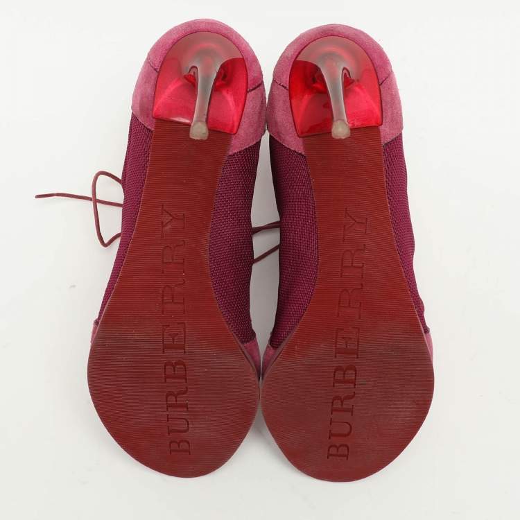 Pre Owned Burberry Pink Mesh and Satin Peep Toe Lace Up Booties Size 39