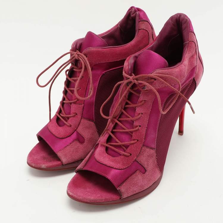 Pre Owned Burberry Pink Mesh and Satin Peep Toe Lace Up Booties Size 39