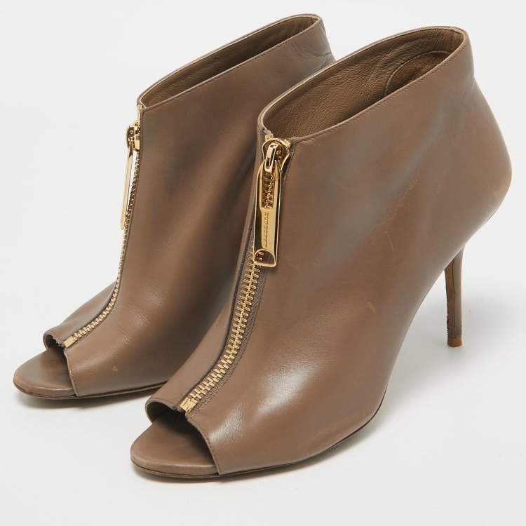 Pre Owned Burberry Brown Leather Zip Up Booties Size 39.5