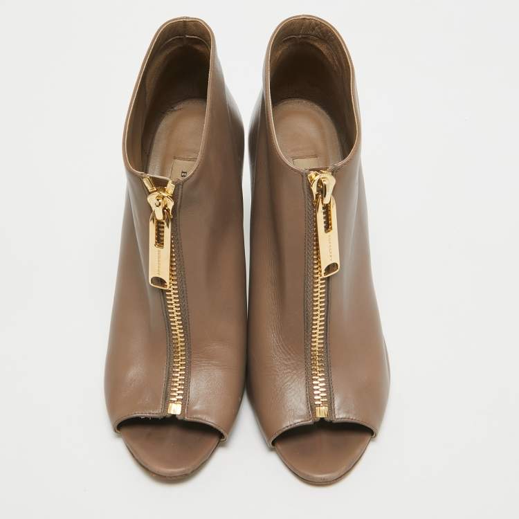 Pre Owned Burberry Brown Leather Zip Up Booties Size 39.5