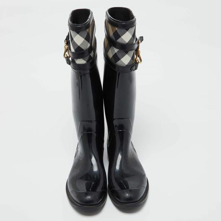 Pre Owned Burberry Black/Beige Rubber and House Check Canvas Rain Boots Size 38