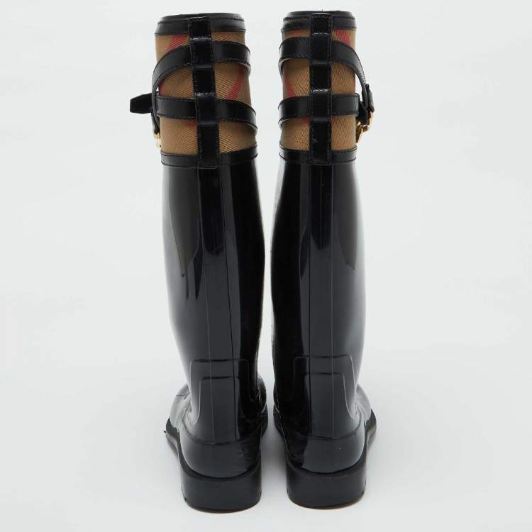 Pre Owned Burberry Black/Beige Rubber and House Check Canvas Rain Boots Size 38