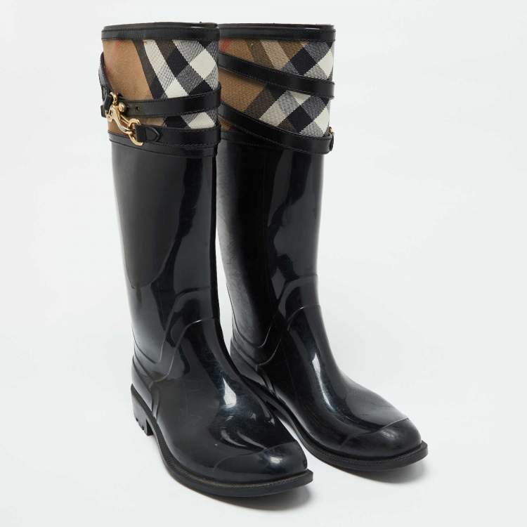 Pre Owned Burberry Black/Beige Rubber and House Check Canvas Rain Boots Size 38