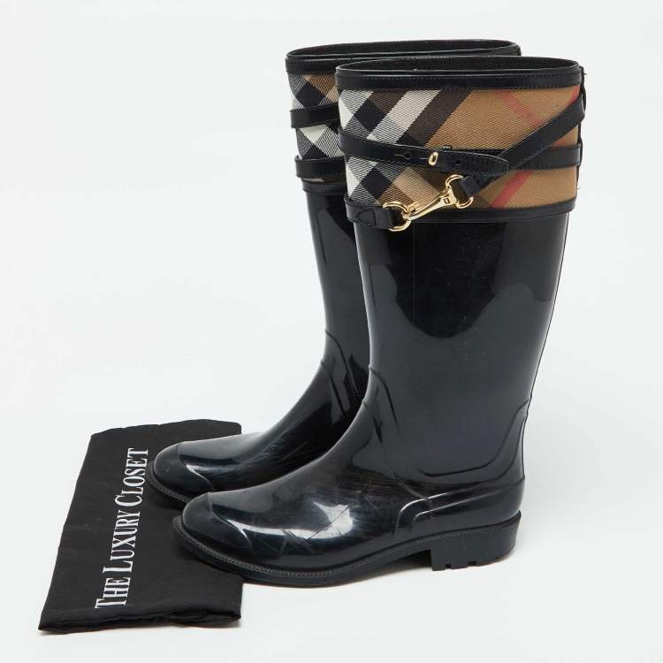 Pre Owned Burberry Black/Beige Rubber and House Check Canvas Rain Boots Size 38