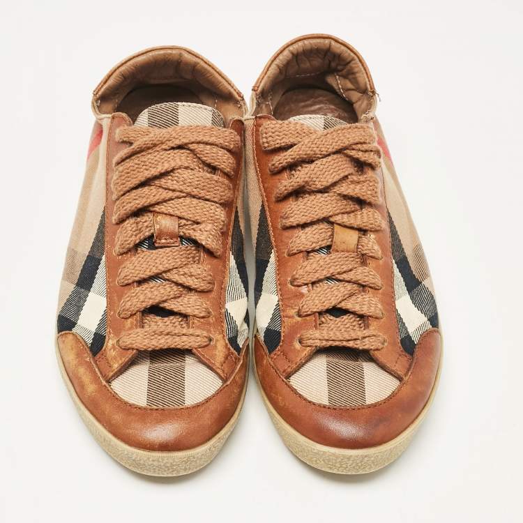 Pre Owned Burberry Brown/Beige Canvas and Leather Low Top Sneakers Size 37