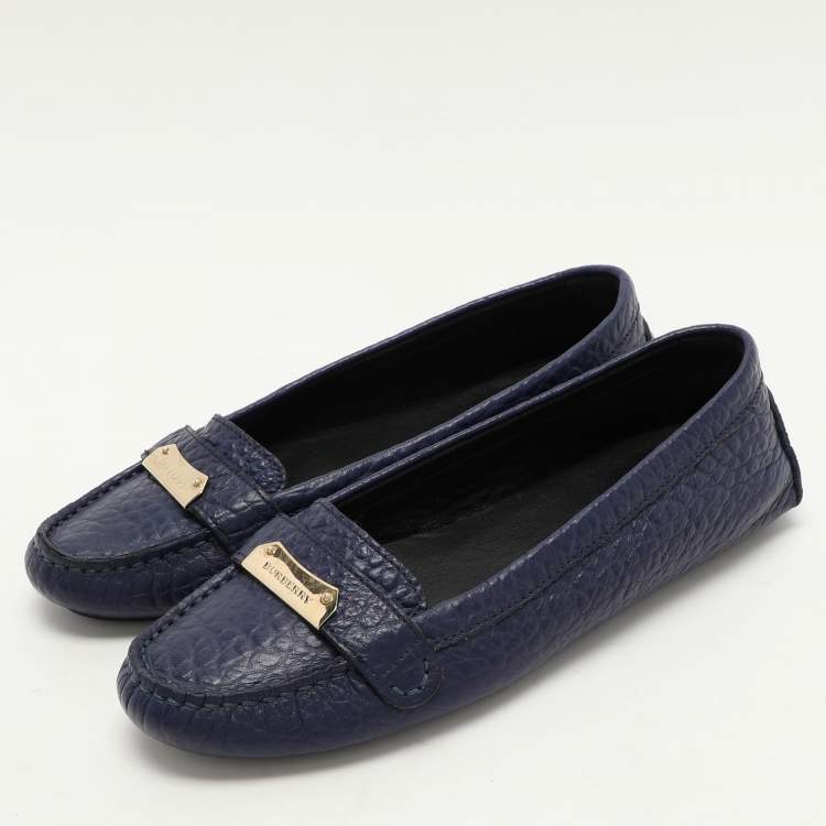 Pre Owned Burberry Blue Leather Embellished Loafers Size 37
