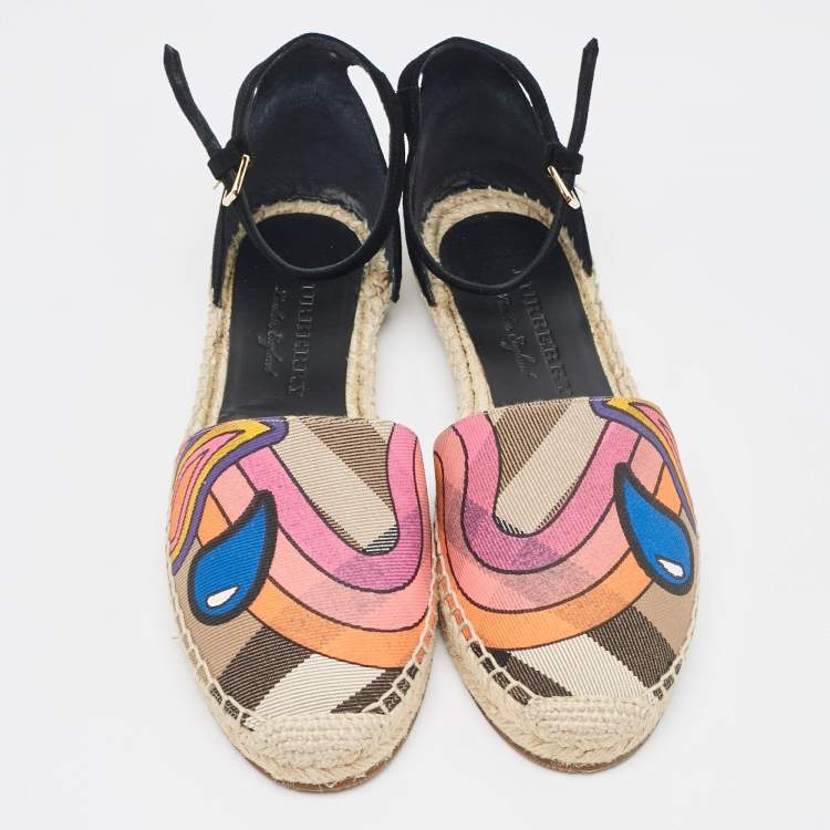 Pre Owned Burberry Multicolor Printed House Check Canvas Espadrille Flats Size 38