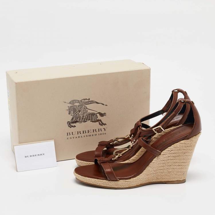 Pre Owned Burberry Brown Leather Wedge Sandals Size 40