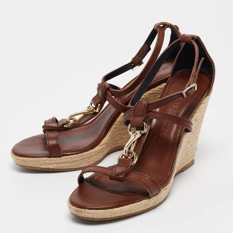 Pre Owned Burberry Brown Leather Wedge Sandals Size 40