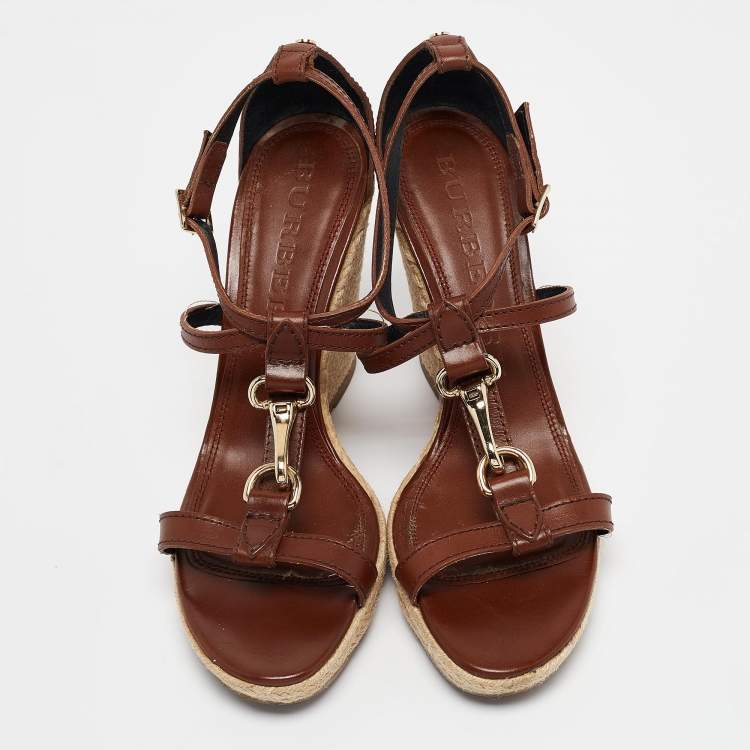 Pre Owned Burberry Brown Leather Wedge Sandals Size 40