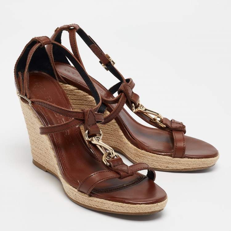 Pre Owned Burberry Brown Leather Wedge Sandals Size 40