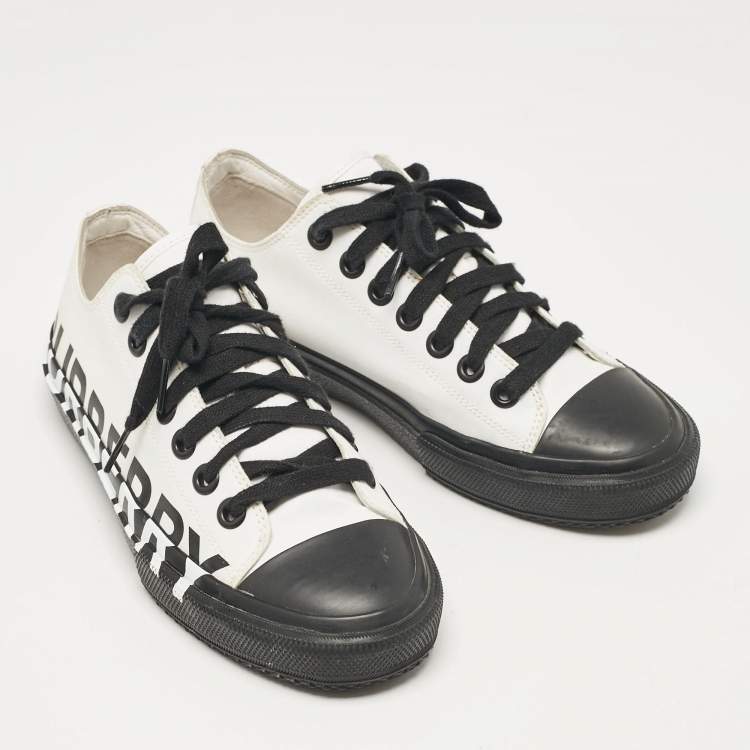 Pre Owned Burberry White/Black Fabric Larkhall Logo Low Top Sneakers Size 38
