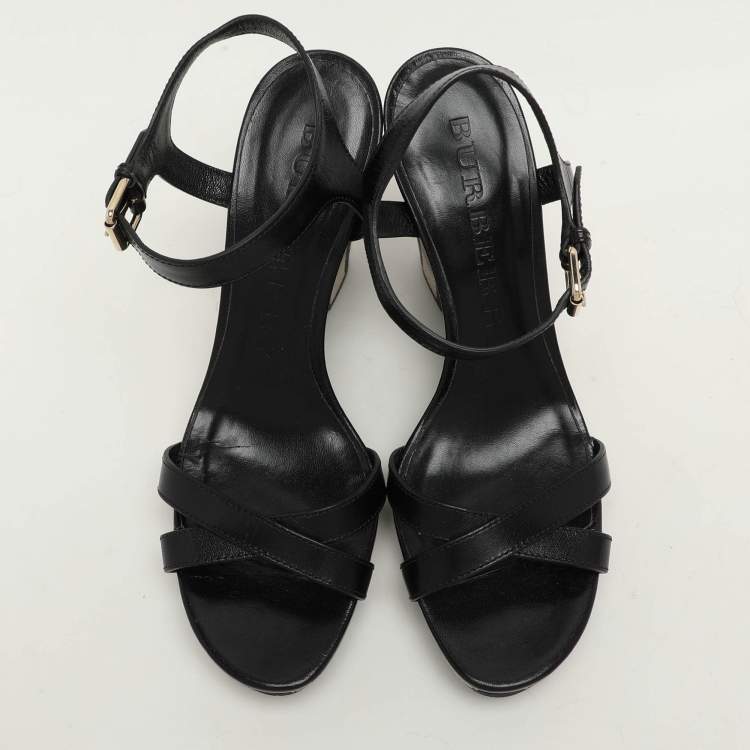 Pre Owned Burberry Black Leather Wedge Sandals Size 40
