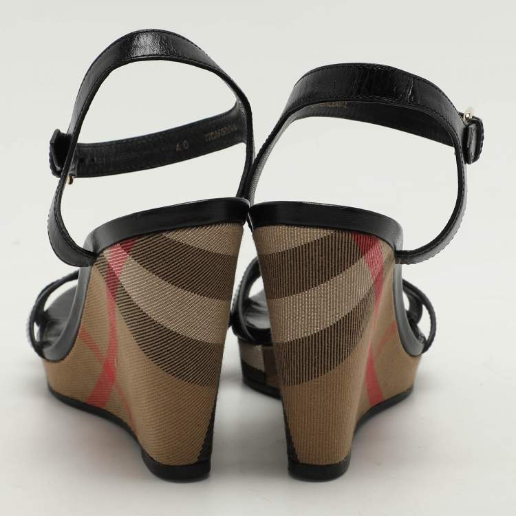 Pre Owned Burberry Black Leather Wedge Sandals Size 40