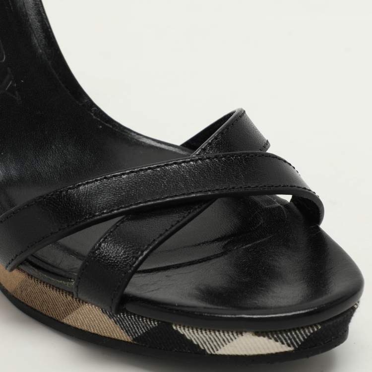 Pre Owned Burberry Black Leather Wedge Sandals Size 40