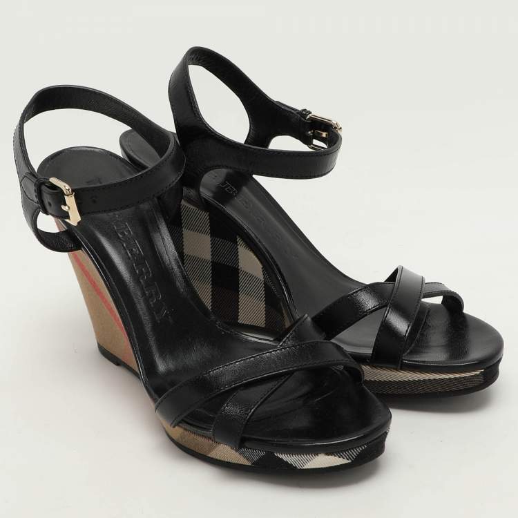 Pre Owned Burberry Black Leather Wedge Sandals Size 40