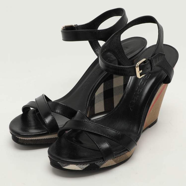Pre Owned Burberry Black Leather Wedge Sandals Size 40