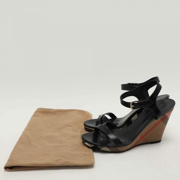 Pre Owned Burberry Black Leather Wedge Sandals Size 40