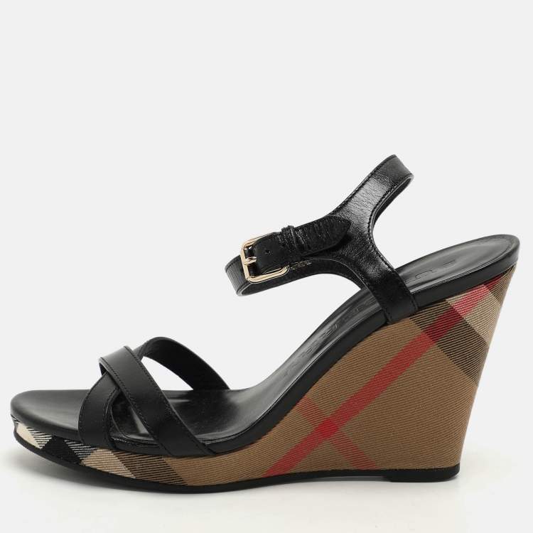 Pre Owned Burberry Black Leather Wedge Sandals Size 40