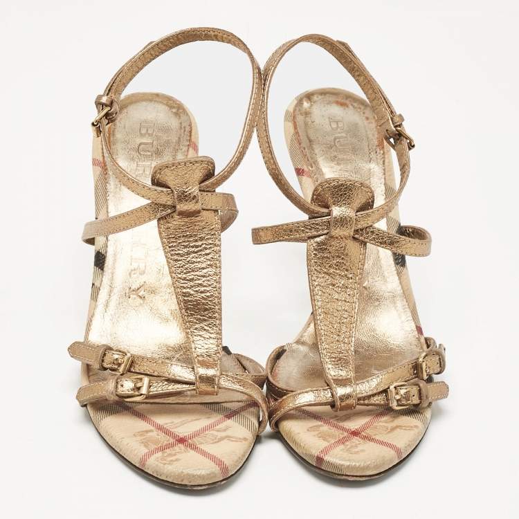Pre Owned Burberry Gold Canvas and Leather Ankle Strap Sandals Size 37