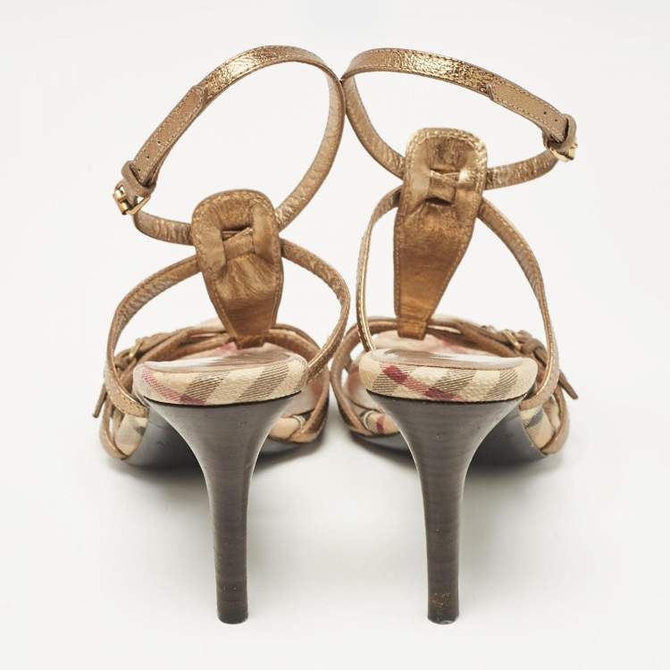 Pre Owned Burberry Gold Canvas and Leather Ankle Strap Sandals Size 37