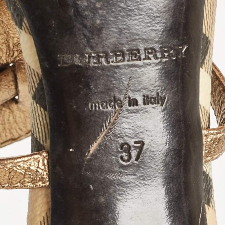 Pre Owned Burberry Gold Canvas and Leather Ankle Strap Sandals Size 37